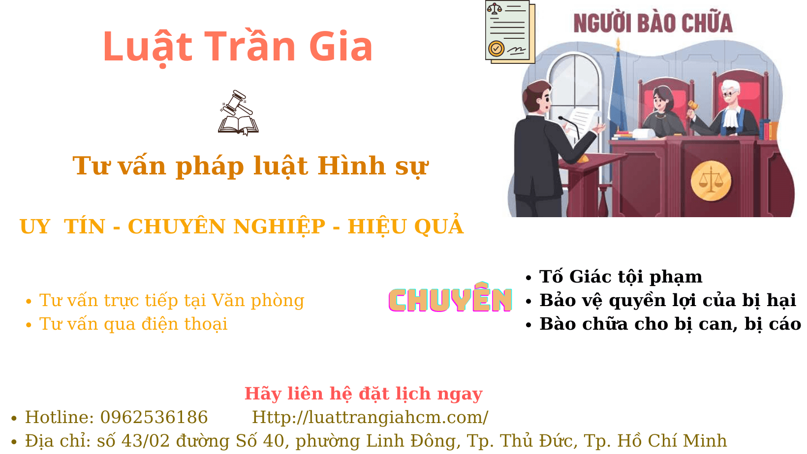Dịch Vụ Luật Sư Hình Sự 2 Luật Trân Gia, chuyên tư vấn Hình sư: 0962536186