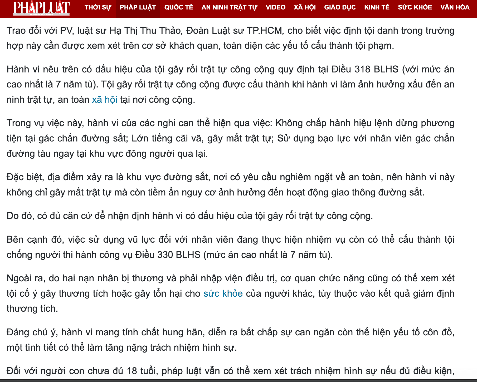 Luật sư Hạ Thị Thu Thảo có vài ý kiến pháp lý chia sẻ trên Báo Pháp luật về Hành vi hành hung hai nữ nhân viên gác chắn đường sắt ở Đà Nẵng. 3 Luật Hoàng Minh An Luật sư Hạ Thị Thu Thảo có vài ý kiến pháp lý chia sẻ trên Báo Pháp luật về Hành vi hành hung hai nữ nhân viên gác chắn đường sắt ở Đà Nẵng. Luật Hoàng Minh An