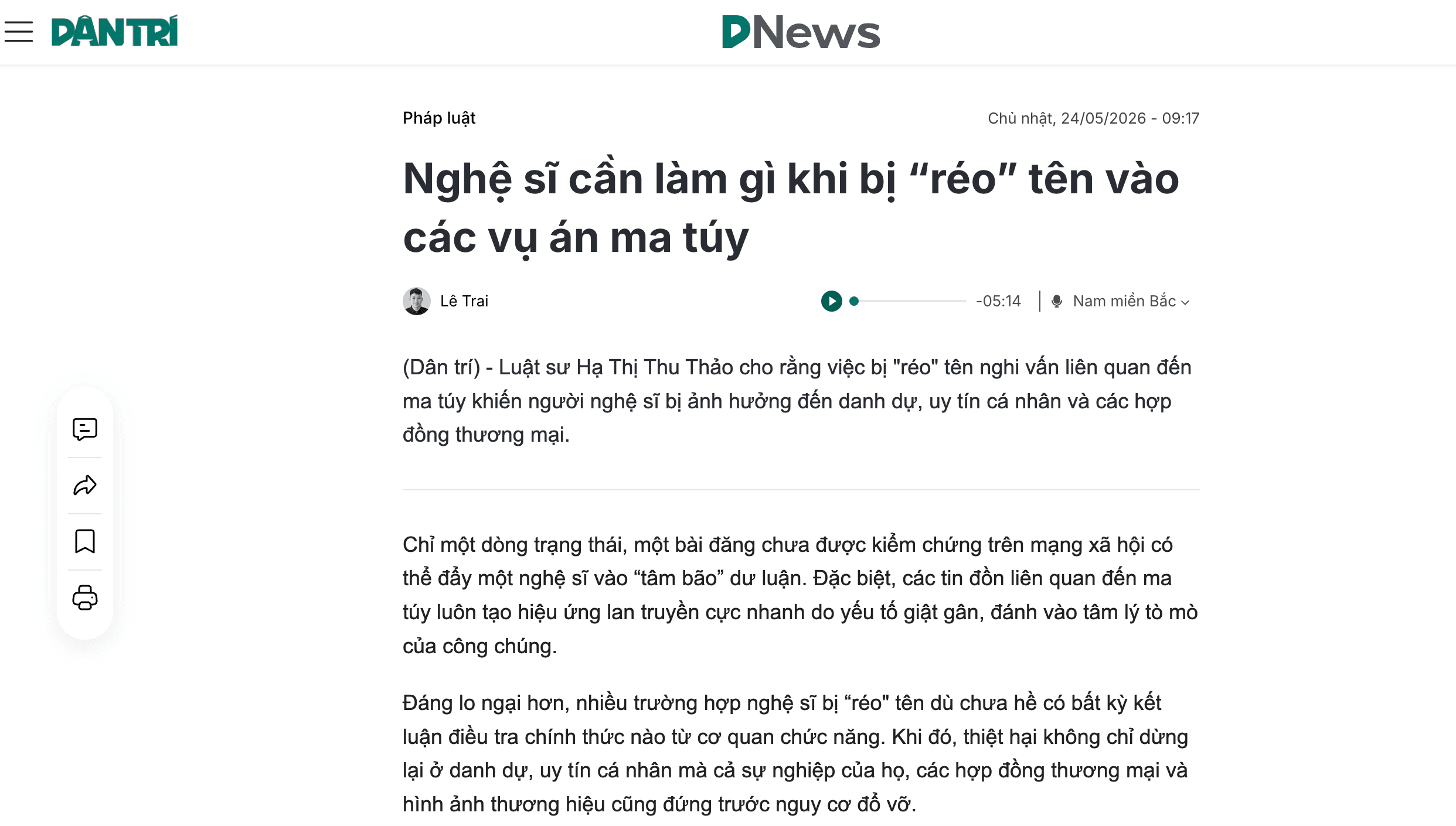 Luật sư Hạ Thị Thu Thảo có vài ý kiến pháp lý chia sẻ trên Báo Dân Trí về vấn đề "Nghệ sĩ cần làm gì khi bị “réo” tên vào các vụ án ma túy". 2 Luật Hoàng Minh An Luật sư Hạ Thị Thu Thảo có vài ý kiến pháp lý chia sẻ trên Báo Dân Trí về vấn đề "Nghệ sĩ cần làm gì khi bị “réo” tên vào các vụ án ma túy". Luật Hoàng Minh An