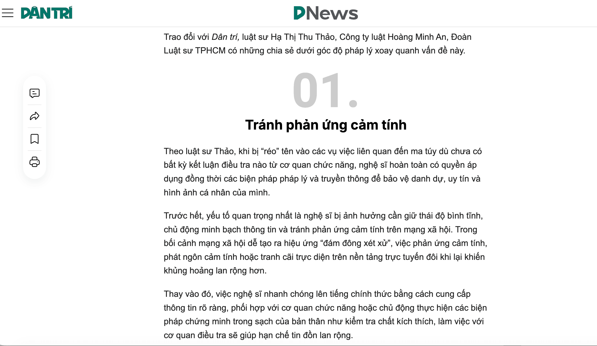 Luật sư Hạ Thị Thu Thảo có vài ý kiến pháp lý chia sẻ trên Báo Dân Trí về vấn đề "Nghệ sĩ cần làm gì khi bị “réo” tên vào các vụ án ma túy". 3 Luật Hoàng Minh An Luật sư Hạ Thị Thu Thảo có vài ý kiến pháp lý chia sẻ trên Báo Dân Trí về vấn đề "Nghệ sĩ cần làm gì khi bị “réo” tên vào các vụ án ma túy". Luật Hoàng Minh An