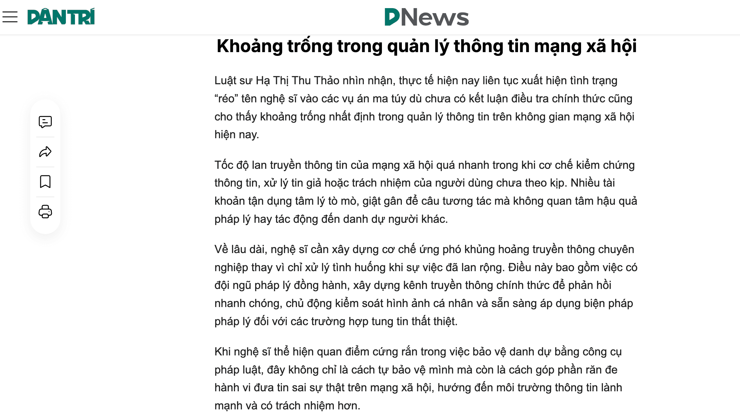 Luật sư Hạ Thị Thu Thảo có vài ý kiến pháp lý chia sẻ trên Báo Dân Trí về vấn đề "Nghệ sĩ cần làm gì khi bị “réo” tên vào các vụ án ma túy". 4 Luật Hoàng Minh An Luật sư Hạ Thị Thu Thảo có vài ý kiến pháp lý chia sẻ trên Báo Dân Trí về vấn đề "Nghệ sĩ cần làm gì khi bị “réo” tên vào các vụ án ma túy". Luật Hoàng Minh An