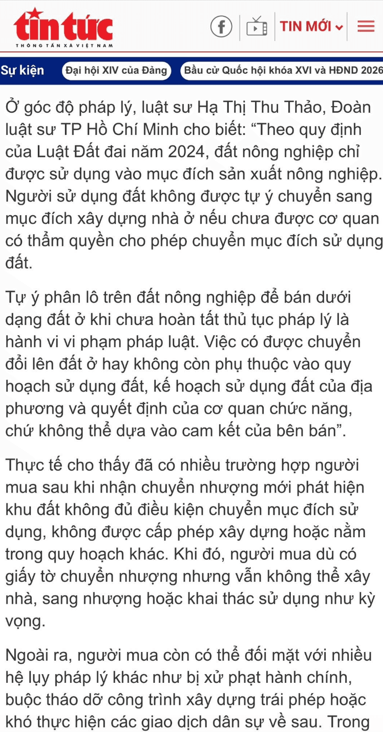 Luật Hoàng Minh An Luật sư Hạ Thị Thu Thảo có vài ý kiến pháp lý chia sẻ trên Báo Tin tức và Dân tộc về "Đất nền giá rẻ trên đất nông nghiệp: Cẩn trọng mất tiền oan" Luật Hoàng Minh An