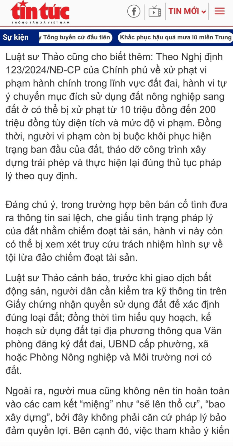 Luật Hoàng Minh An Luật sư Hạ Thị Thu Thảo có vài ý kiến pháp lý chia sẻ trên Báo Tin tức và Dân tộc về "Đất nền giá rẻ trên đất nông nghiệp: Cẩn trọng mất tiền oan" Luật Hoàng Minh An